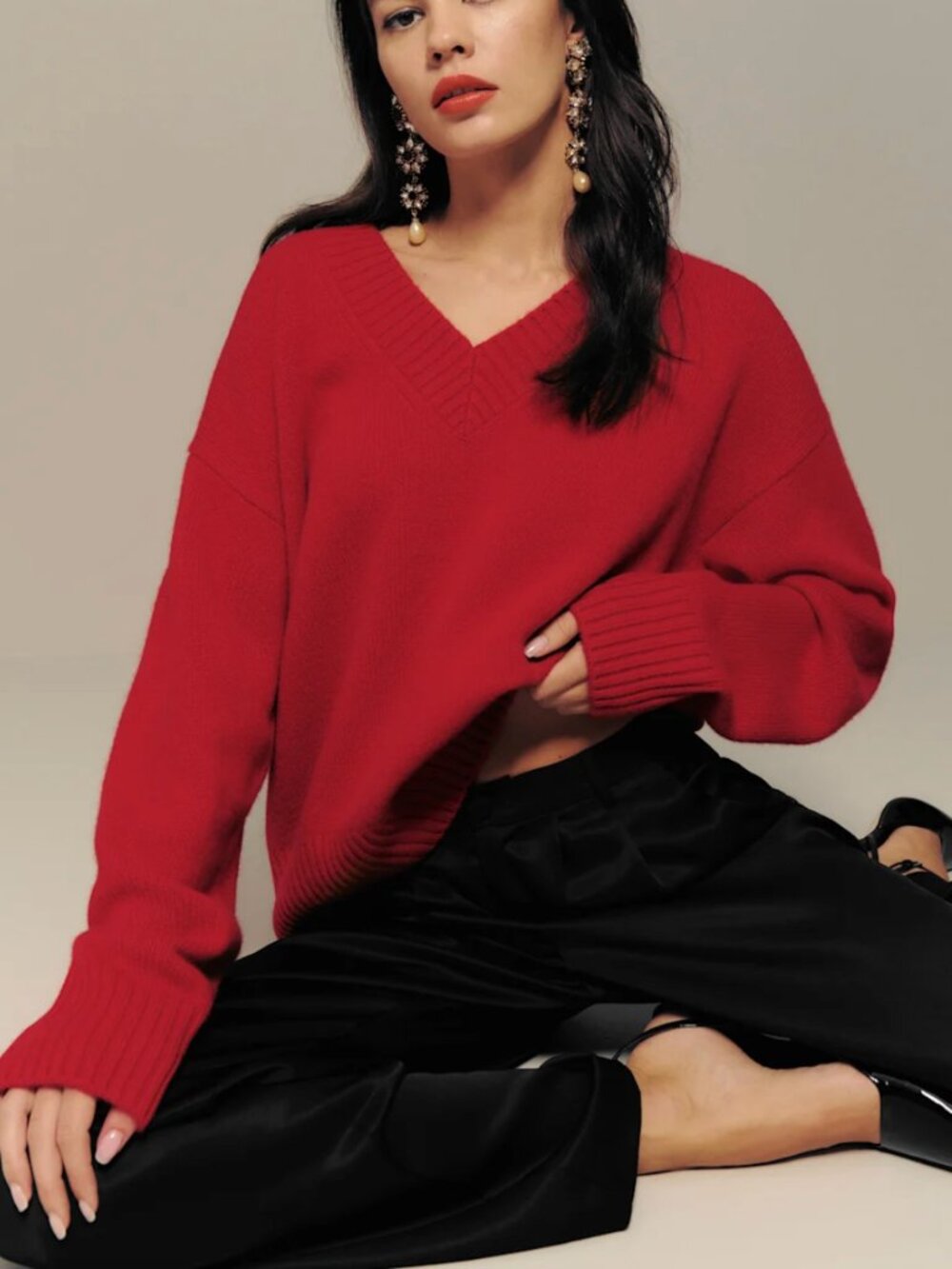 Reformation Red Jadey Cashmere Oversized V-Neck Sweater